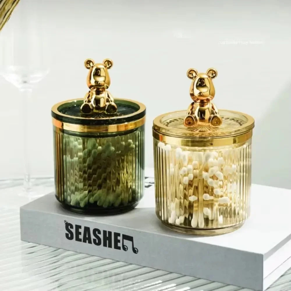 Cute cotton swab storage box with gold bear lid on ribbed glass container for cotton pads holder
