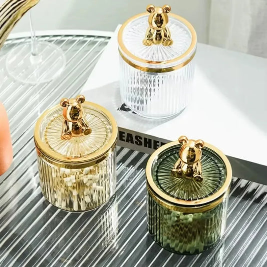 Clarify.pk cute cotton swab storage box in clear, gold, and green glass with gold bear lid handles
