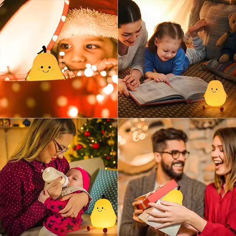 Cute pear night light from Clarify.pk glowing warmly in cozy family moments