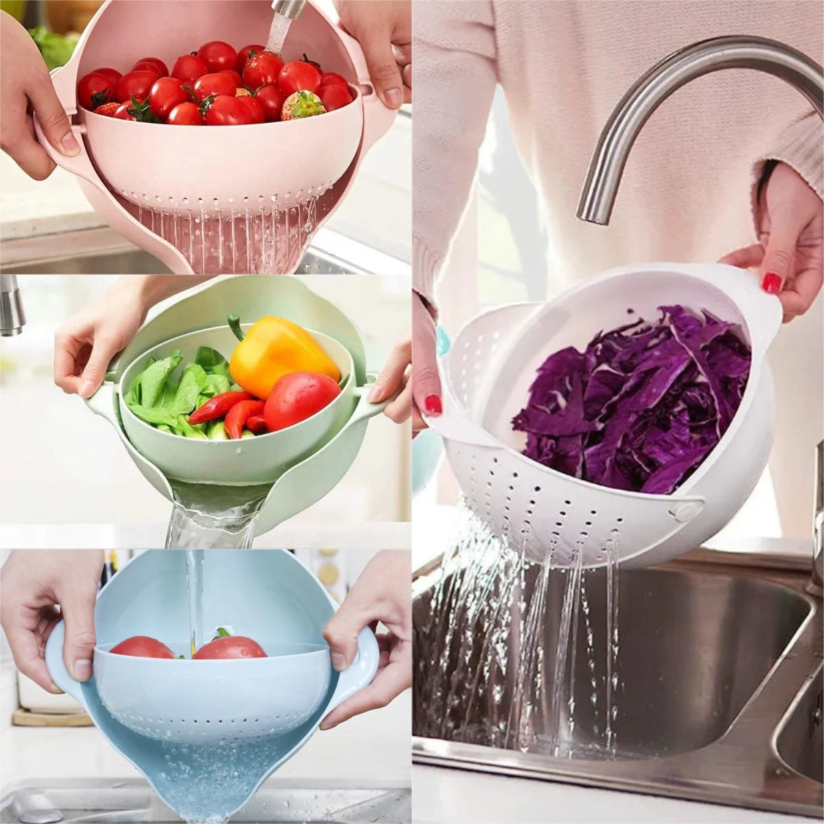 Clarify.pk double layer fruit and vegetable basket in use for washing and draining fresh produce