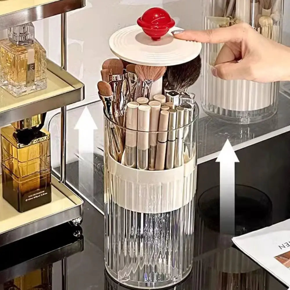 Clarify.pk dustproof makeup brush holder with transparent ribbed body and white lid for brush storage