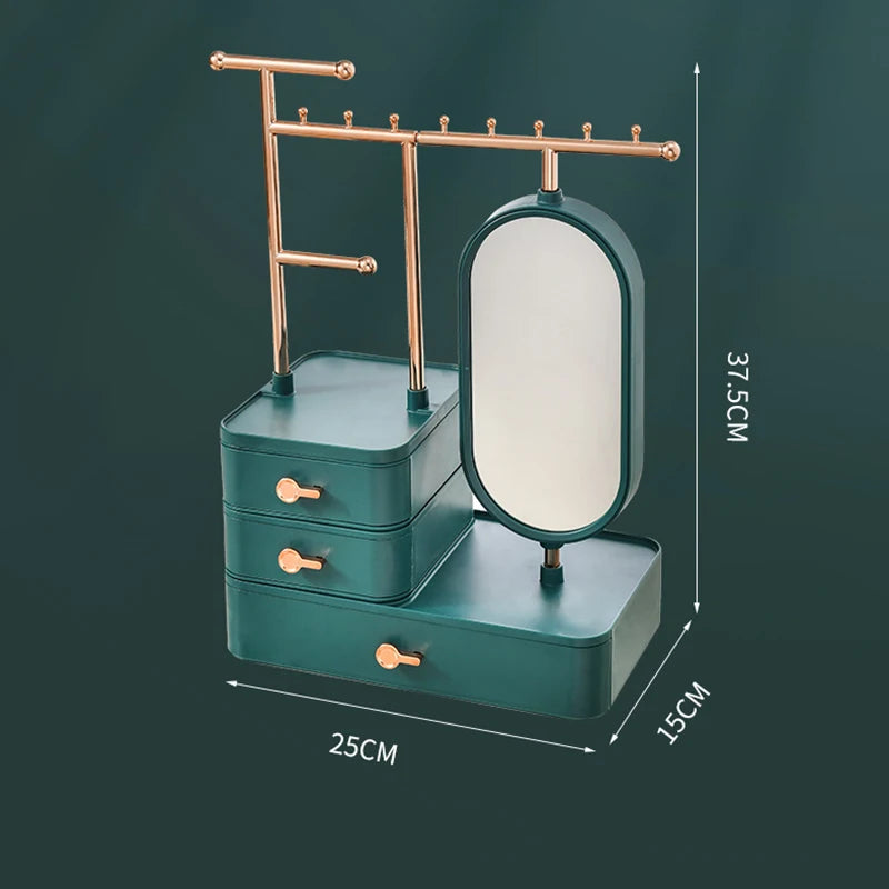 Clarify.pk fashion jewelry display box with green base, gold hooks, mirror, and storage drawers