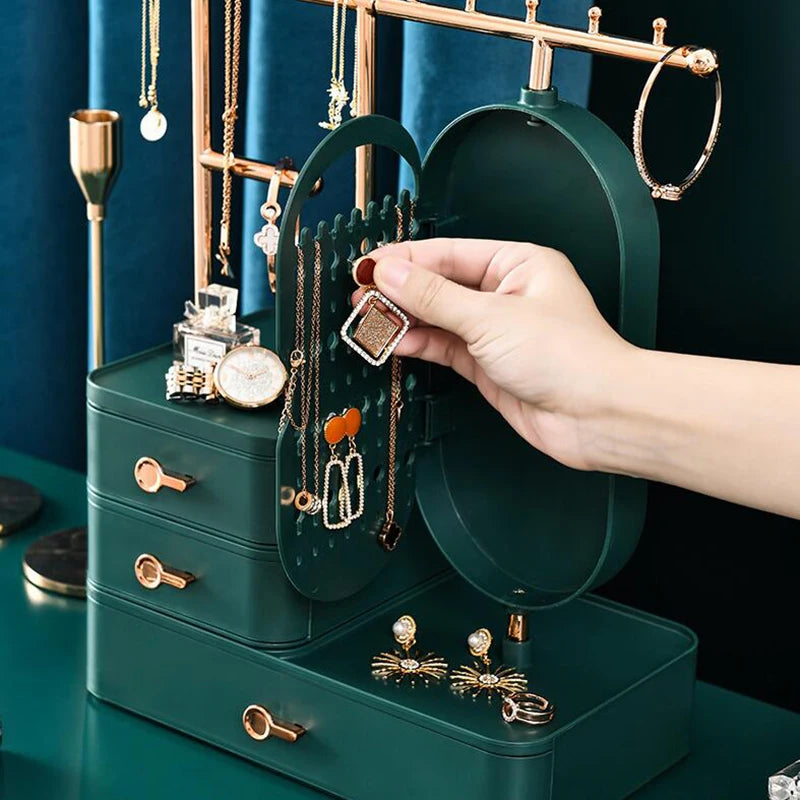 Green and gold fashion jewelry display box with hanging and drawer storage for earrings and necklaces
