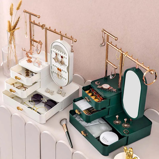 Fashion jewelry display box set with multiple drawers, hanging rods, and a mirror for organizing accessories