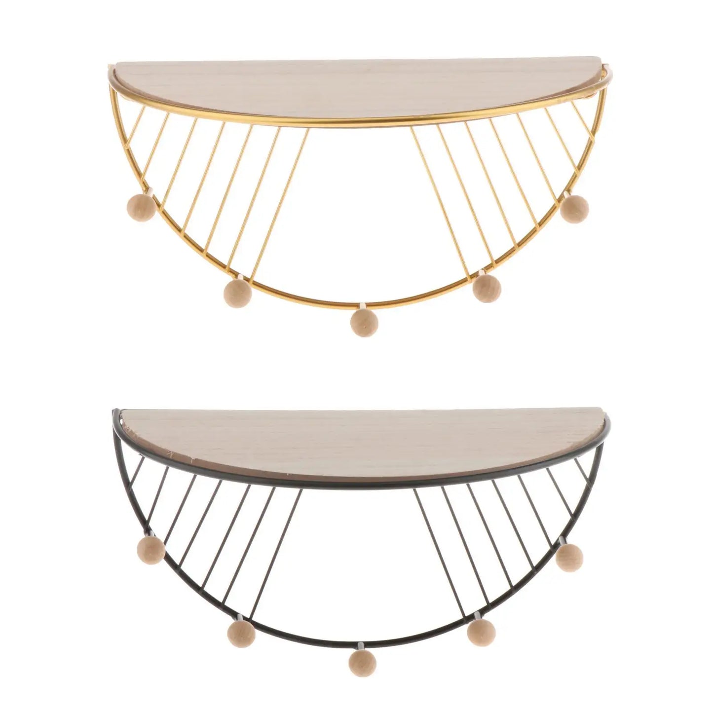 Set of two floating wall shelf for decor with semicircular wood tops and decorative metal frames in gold and black