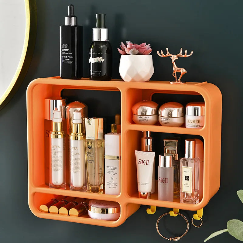 Clarify.pk wall mounted cosmetic organizer in orange holding skincare bottles and jars on dark wall