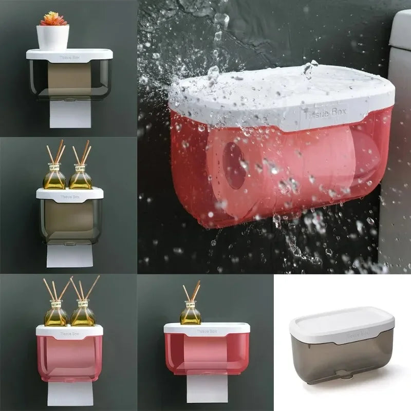 Wall mounted toilet paper holder with waterproof cover and storage shelf in multiple colors