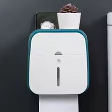 Clarify.pk wall mounted bathroom organizer with white and teal design holding plant and small items