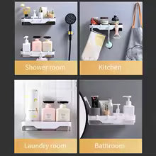 Wall-mounted bathroom shelf holding toiletries and accessories in shower, kitchen, laundry, and bathroom settings