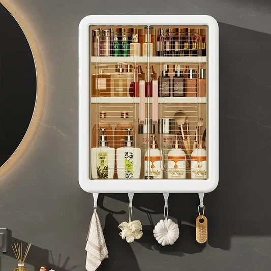 Wall mounted bathroom storage cabinet with transparent doors and multiple shelves holding toiletries and hanging hooks