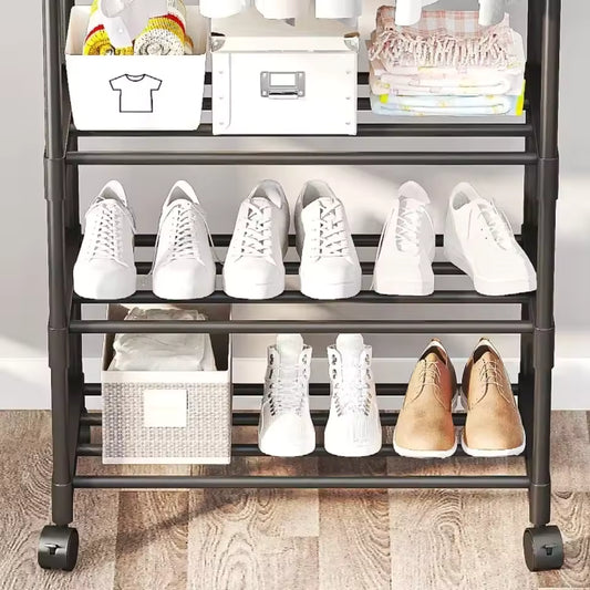 Clarify.pk wall mounted coat rack for living room with multiple shelves holding shoes and storage baskets