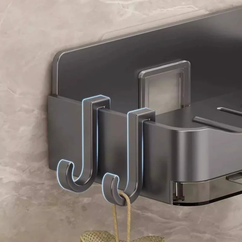Clarify.pk modern black wall mounted soap holder with dual hooks for bathroom storage and organization