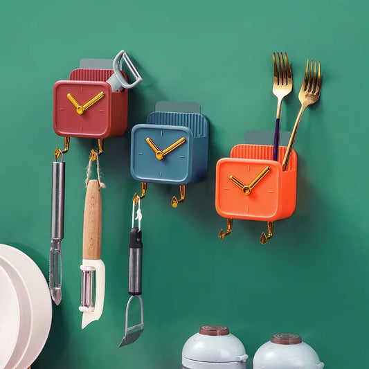 Colorful wall mounted storage box with clock design holding kitchen utensils and cutlery