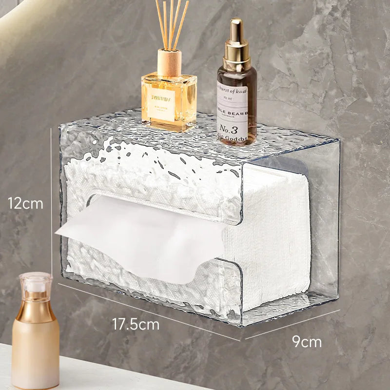 Transparent wall-mounted tissue box for easy access and stylish organization in any room