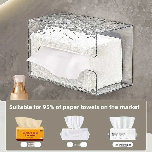 Clear wall-mounted tissue box compatible with most paper towels for easy access and organization