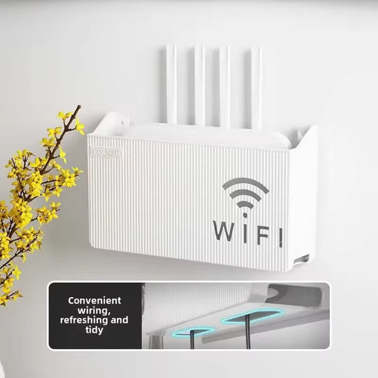 White wall mounted wifi router box with four antennas keeping wiring tidy and organized