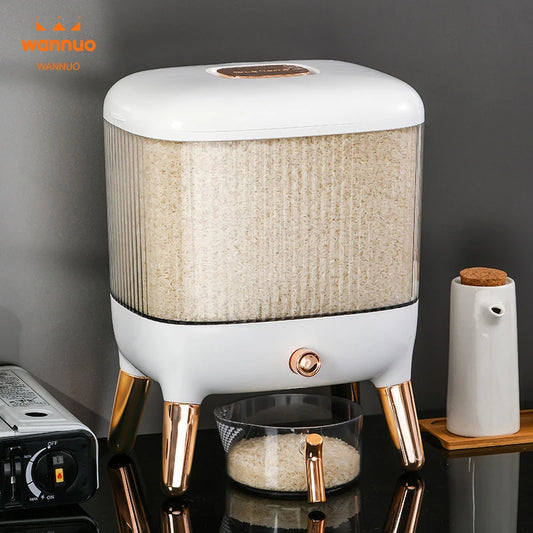 Clarify.pk automatic grain dispenser for kitchen with white body and gold legs holding rice