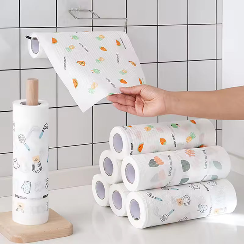 Washable kitchen hand tissue towels 50 sheets with colorful fruit and utensil patterns on rolls