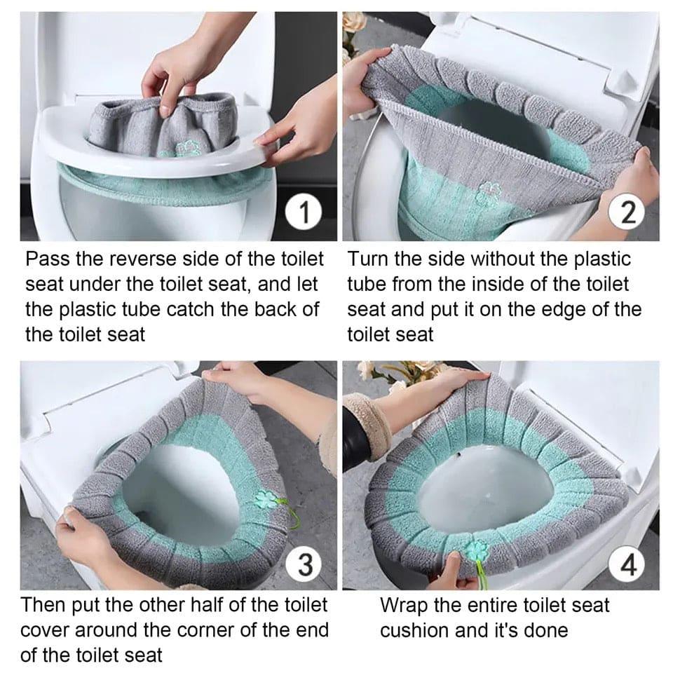 Step-by-step installation of a washable toilet seat cover showing how to fit the cover on a toilet seat