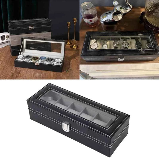 Elegant watch display case with lock featuring a glass top and compartments for six watches