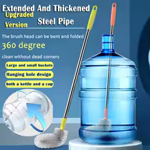 Water dispenser cleaning brush with extended steel pipe for 360 degree cleaning of bottles and caps
