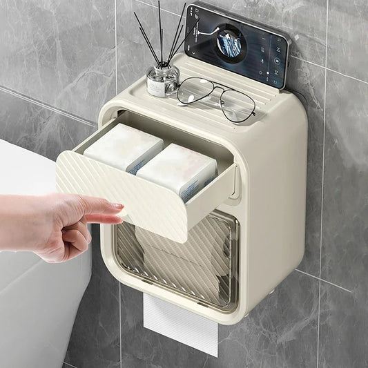 Clarify.pk waterproof bathroom tissue box mounted on tiled wall with storage for phone glasses and reed diffuser