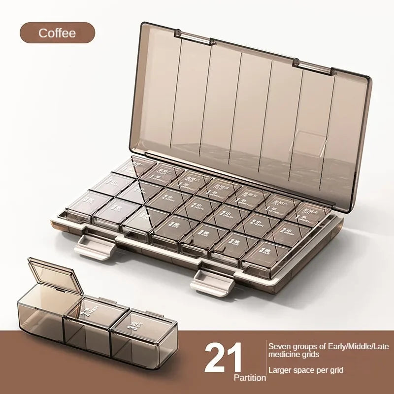 Clarify.pk coffee color weekly pill organizer box with 21 compartments for daily medicine sorting