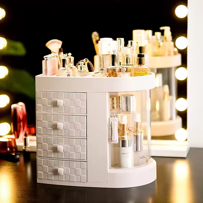 White makeup organizer for vanity with multiple drawers and compartments holding bottles and brushes