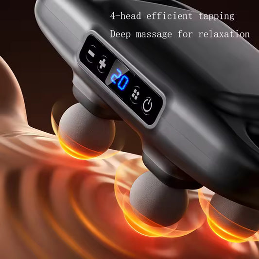 Clarify.pk 4-head massage gun with digital display providing deep tapping massage for relaxation