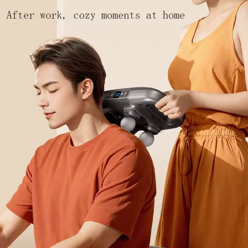 Person receiving shoulder massage with 4-head massage gun from Clarify.pk for relaxation at home