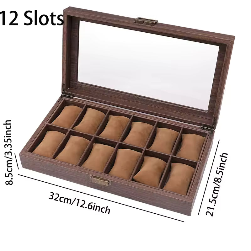 Clarify.pk wood grain leather watch box with 12 slots and clear glass lid for watch storage