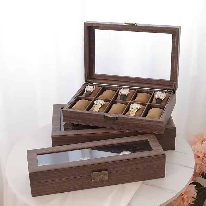 Clarify.pk wood grain leather watch box with glass lid and cushioned compartments for six watches