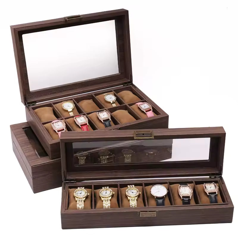 Clarify.pk wood grain leather watch box with transparent lid and multiple compartments for watch storage