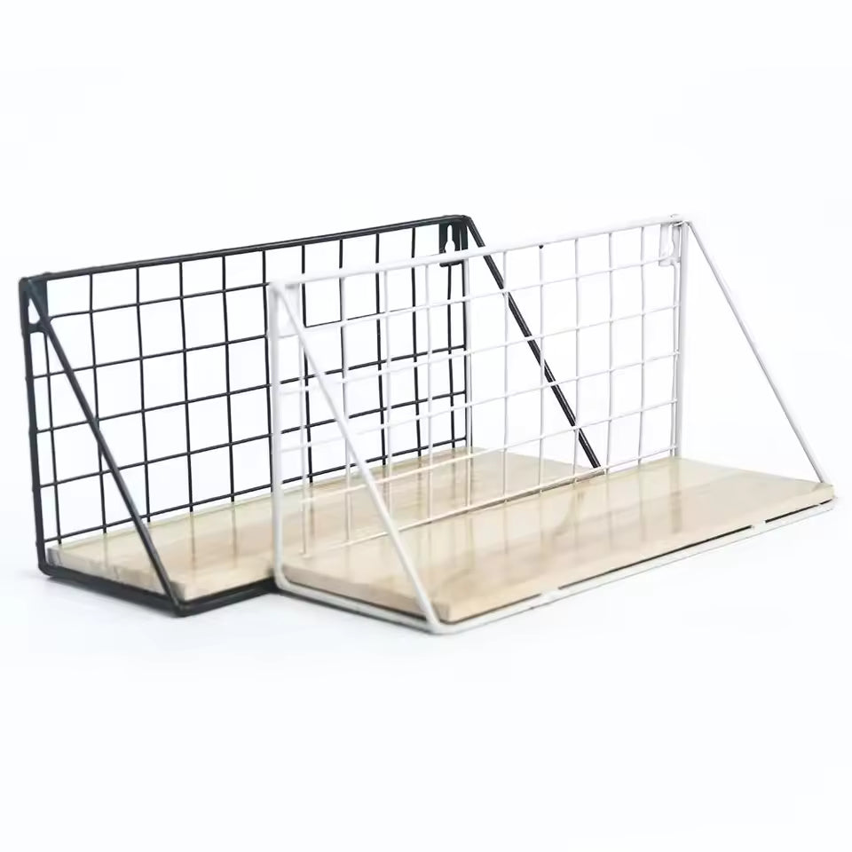 Black and white wooden iron wall shelf with grid metal frame and light wood base for home storage