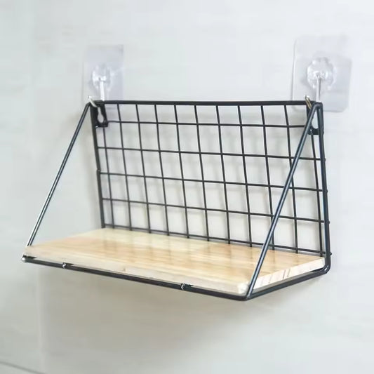Minimalist wooden iron wall shelf with black metal grid and light wood base mounted on white wall