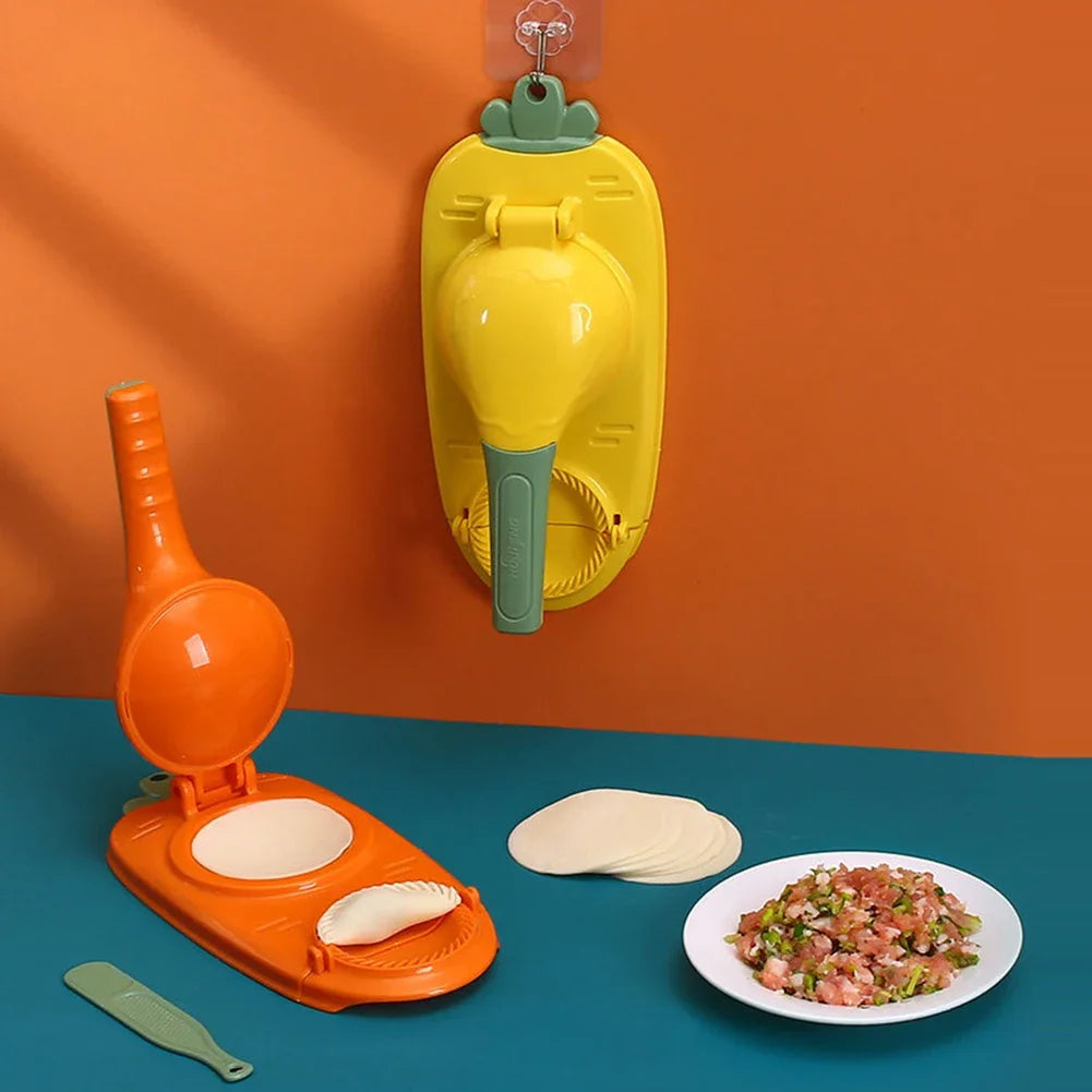 Clarify.pk 2 in 1 dumpling mold in yellow and orange with dumpling wrappers and filling on blue surface