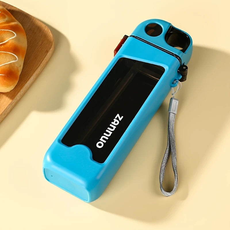 Blue 350ml sports water bottle with wrist strap and black transparent panel