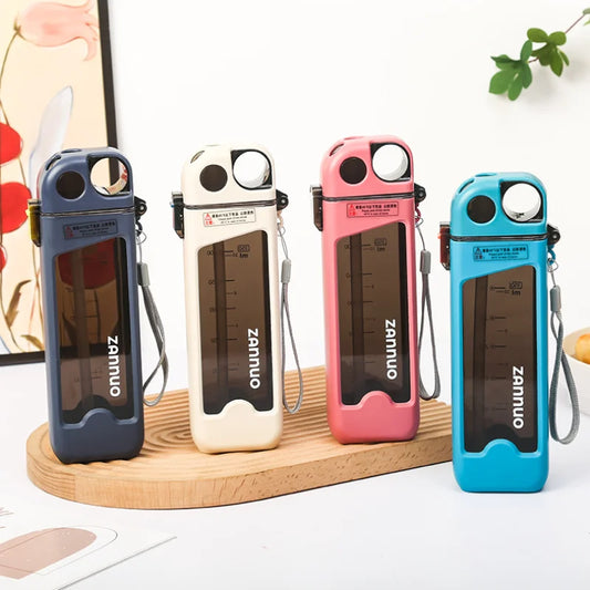 Four colorful 350ml sports water bottle with carrying straps displayed on wooden stand by Clarify.pk