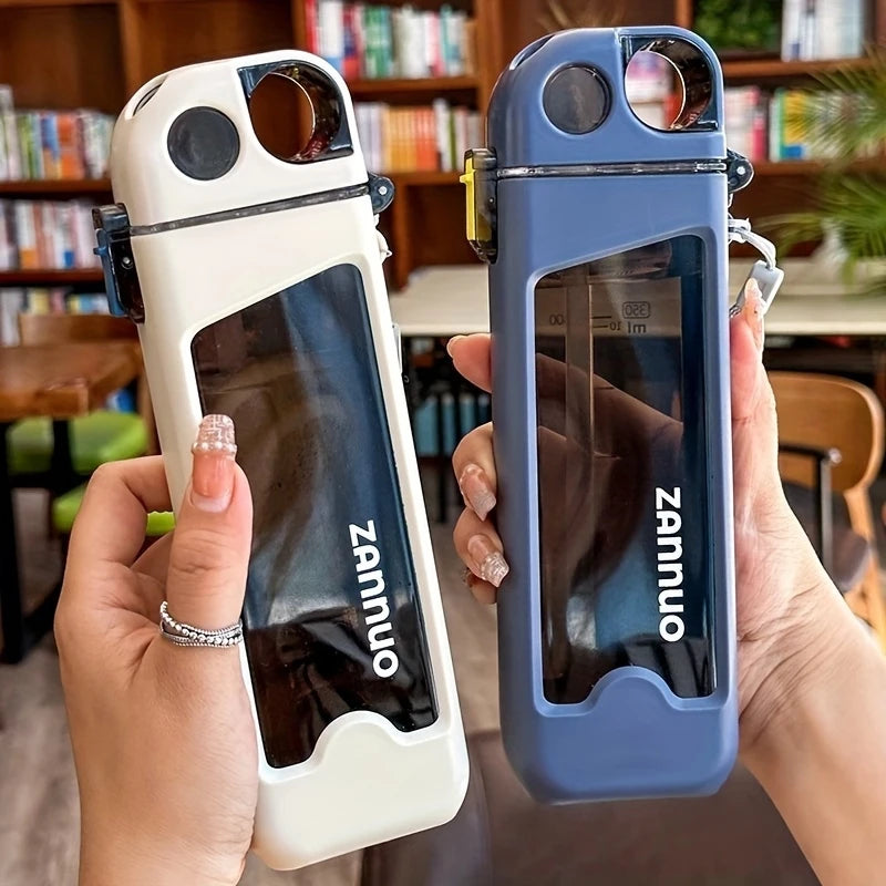 Hands holding white and blue 350ml sports water bottle with transparent window and Zanmuo branding