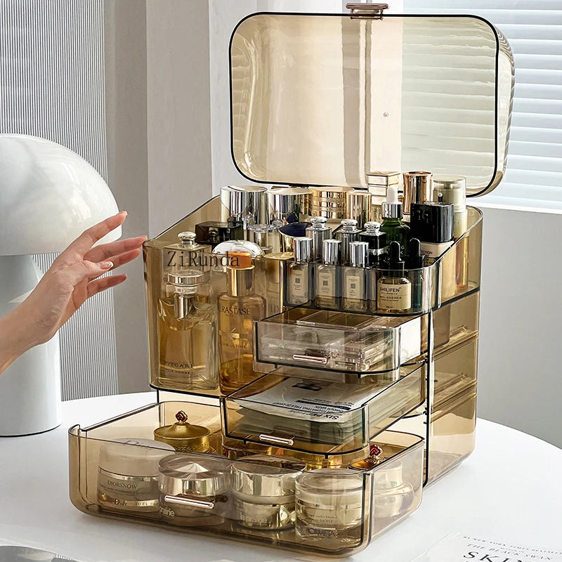 Elegant acrylic cosmetics storage box with multiple drawers and compartments for perfumes and makeup
