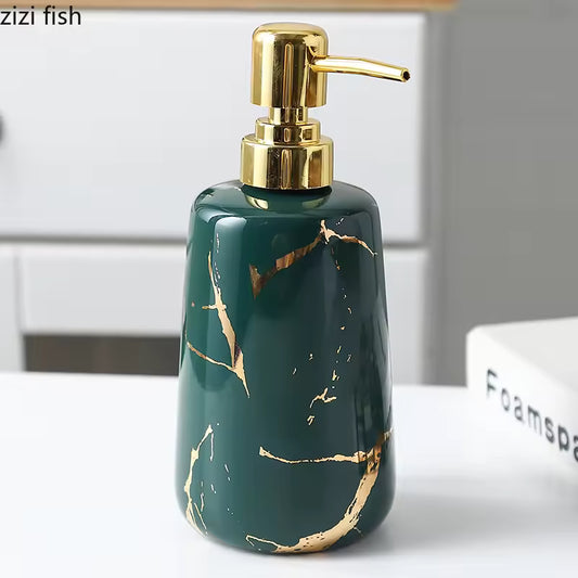 Premium marble design soap dispenser with gold pump and green marble pattern for elegant bathroom decor