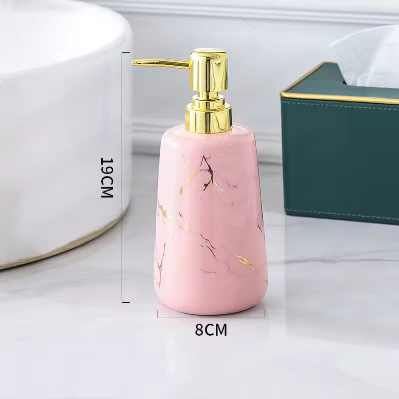 Portable soap dispenser with premium marble design soap dispenser in pink and gold pump