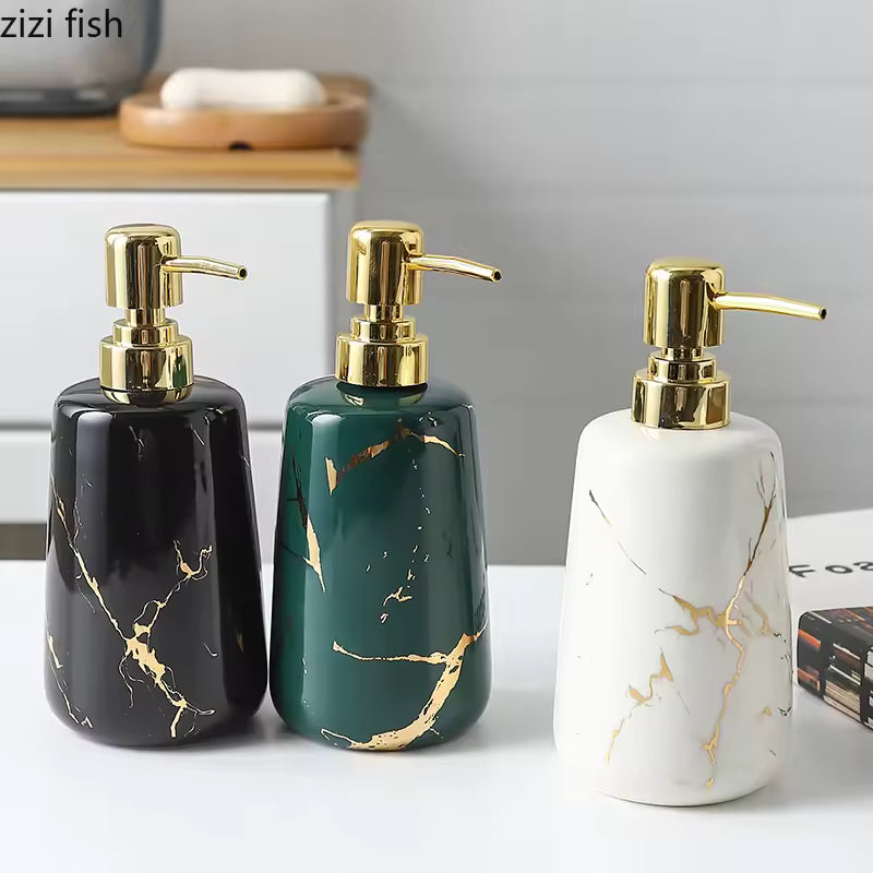 Set of three premium marble design soap dispenser bottles in black, green, and white with gold pumps