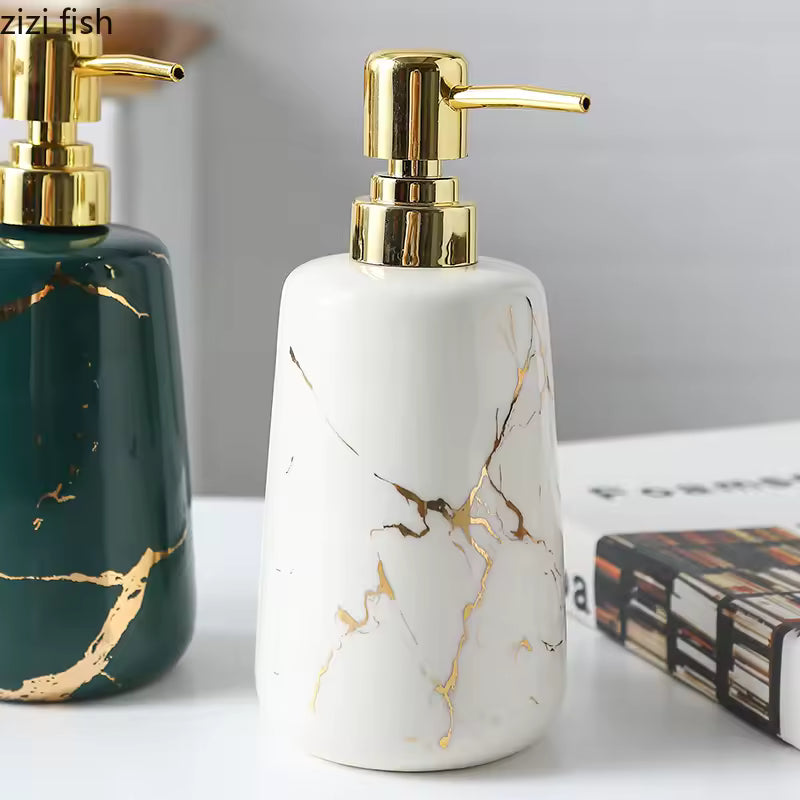 Clarify.pk premium marble design soap dispenser in white with gold pump for portable use