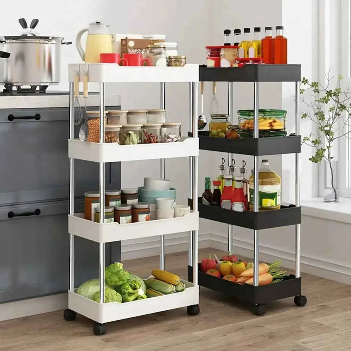 Organized kitchen storage carts with household items including spices, jars, bottles, vegetables, and kitchenware