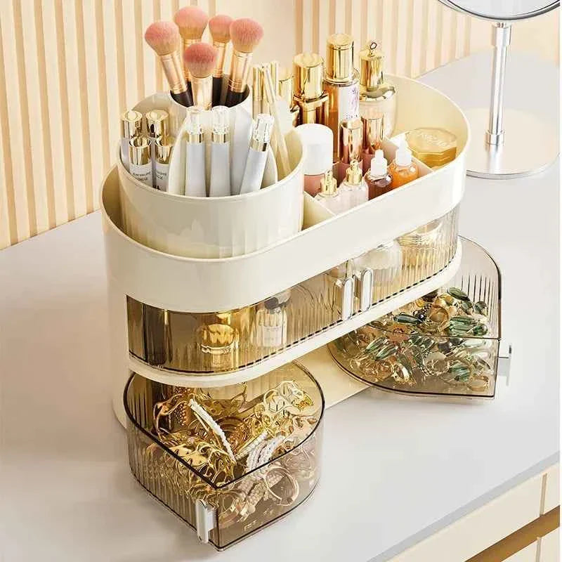Modern beige jewellery organizers with multiple compartments holding brushes, bottles, and jewelry on a white countertop