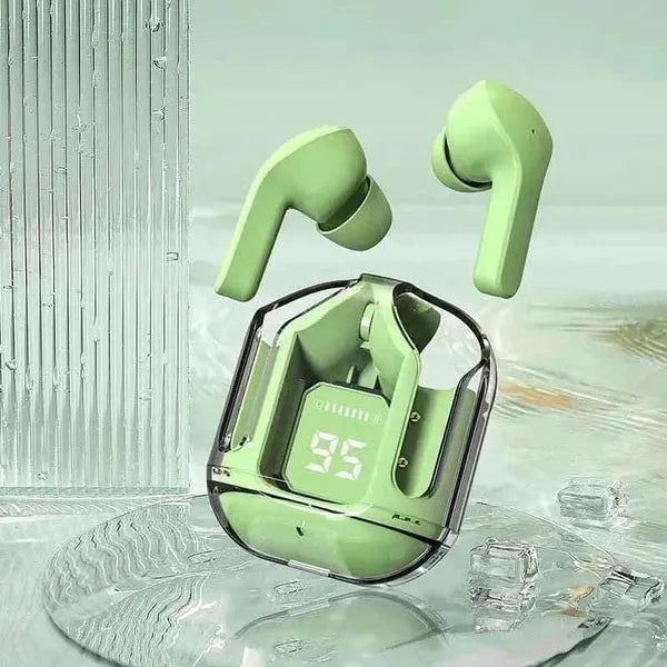 Green wireless earbuds with digital display charging case placed on a clear surface, modern gadgets collection