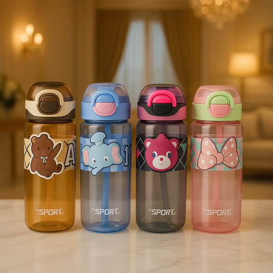 Kids Cartoon Flip-Straw Water Bottle – 500ml (Random Color)