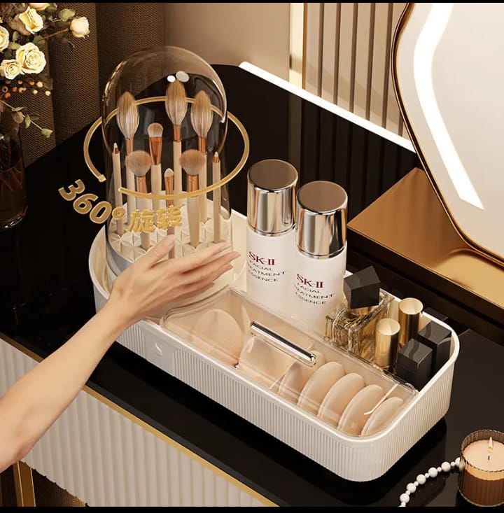 360° Rotating Makeup Organizer – Large Capacity Beige Cosmetic Storage Rack