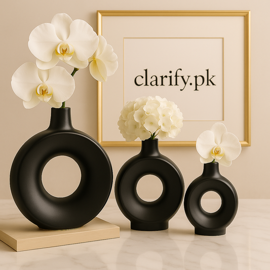 Modern Black Ring Vase Set – 3 Pcs Decorative Hollow Vases